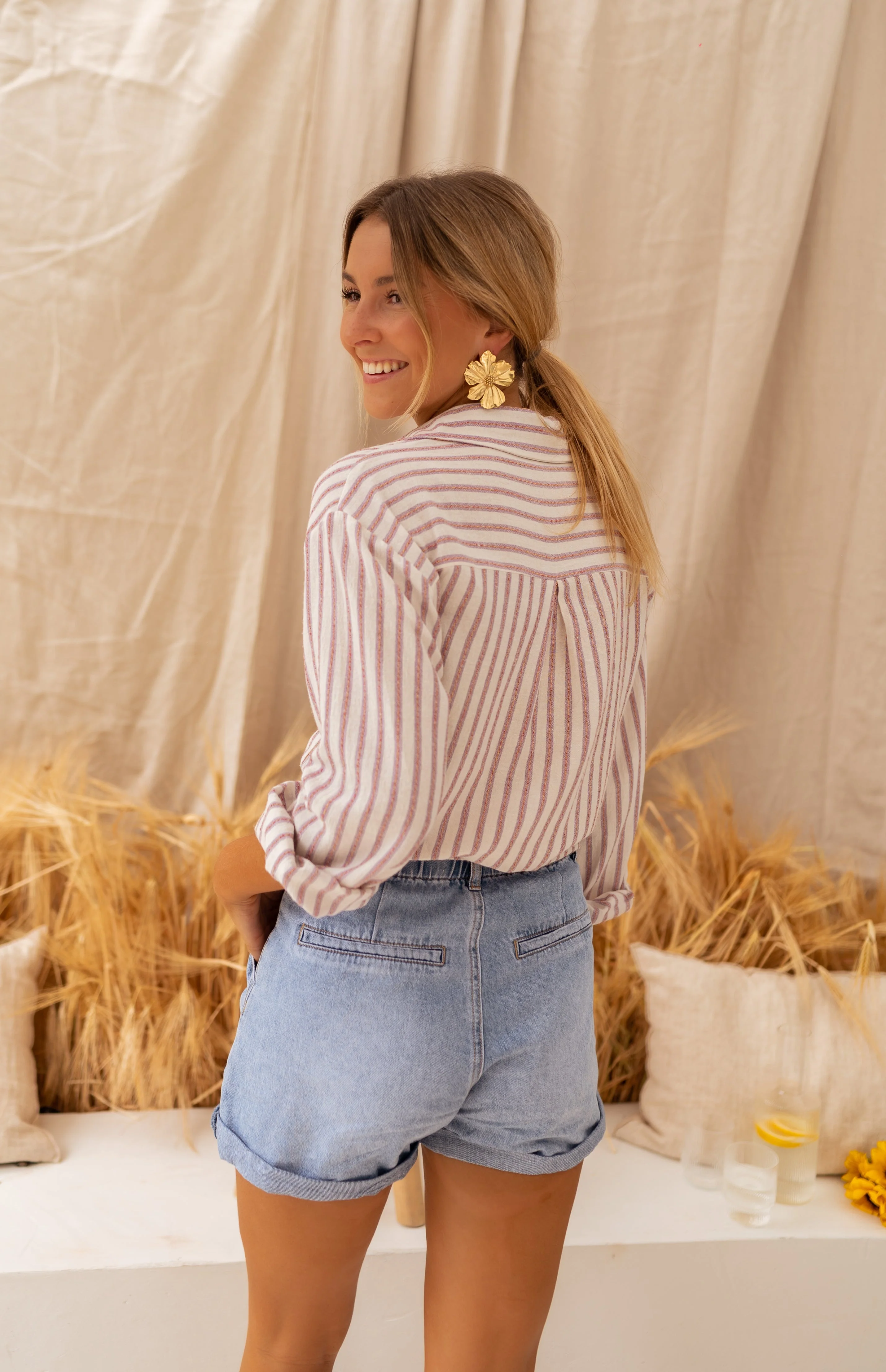 Beige and Pink Striped Linen-Effect Bertha Shirt - Image 3