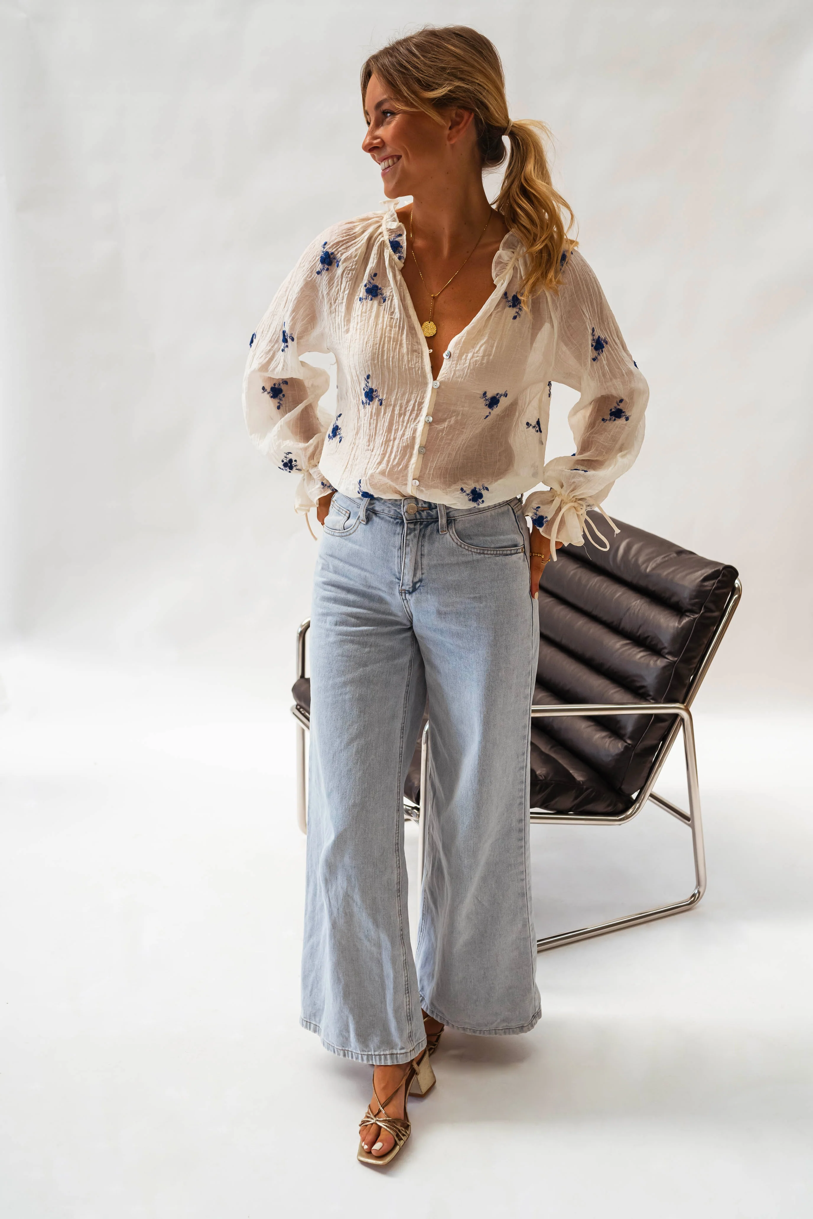 Ecru and Blue Floral Gabrielle Blouse - Image 2