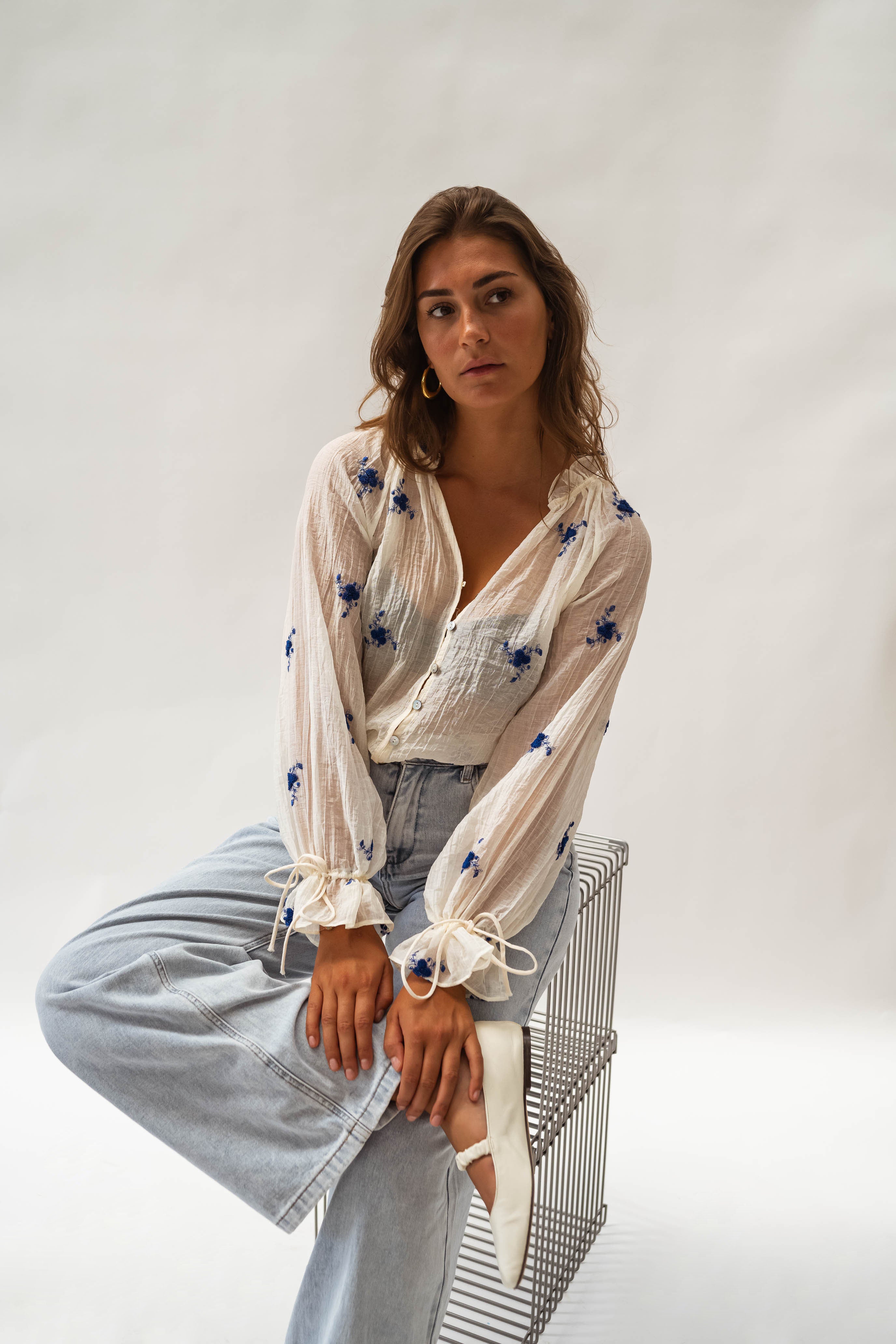 Ecru and Blue Floral Gabrielle Blouse - Image 3