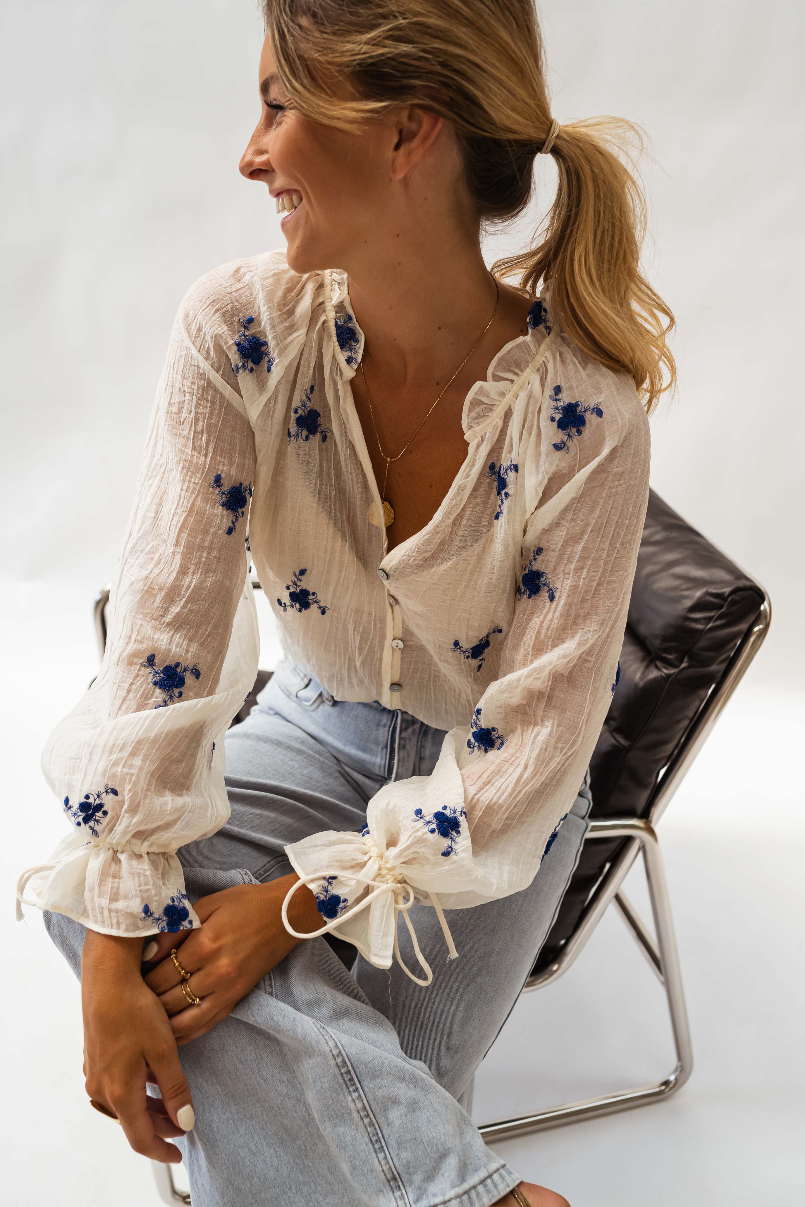 Ecru and Blue Floral Gabrielle Blouse - Image 5