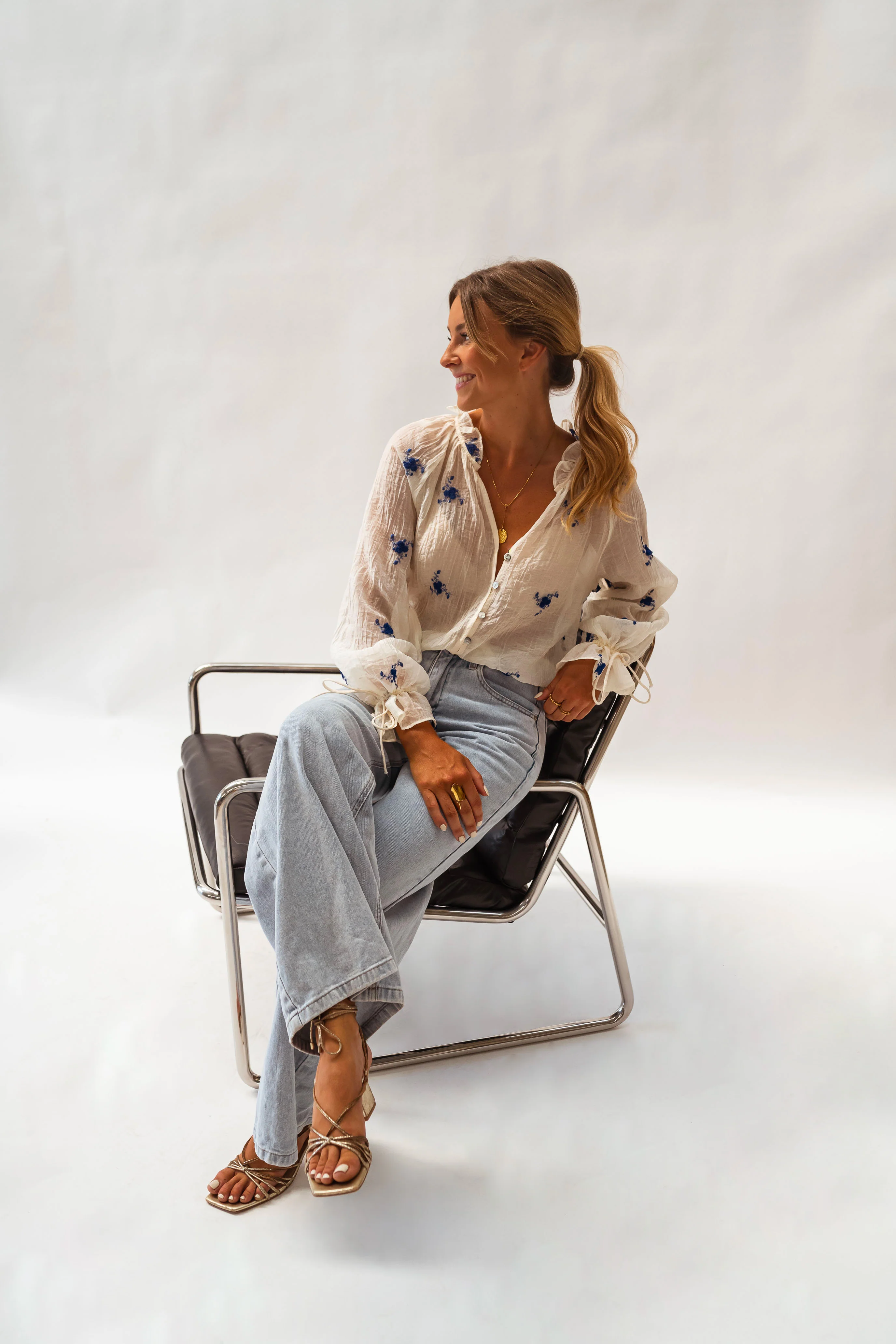 Ecru and Blue Floral Gabrielle Blouse - Image 7
