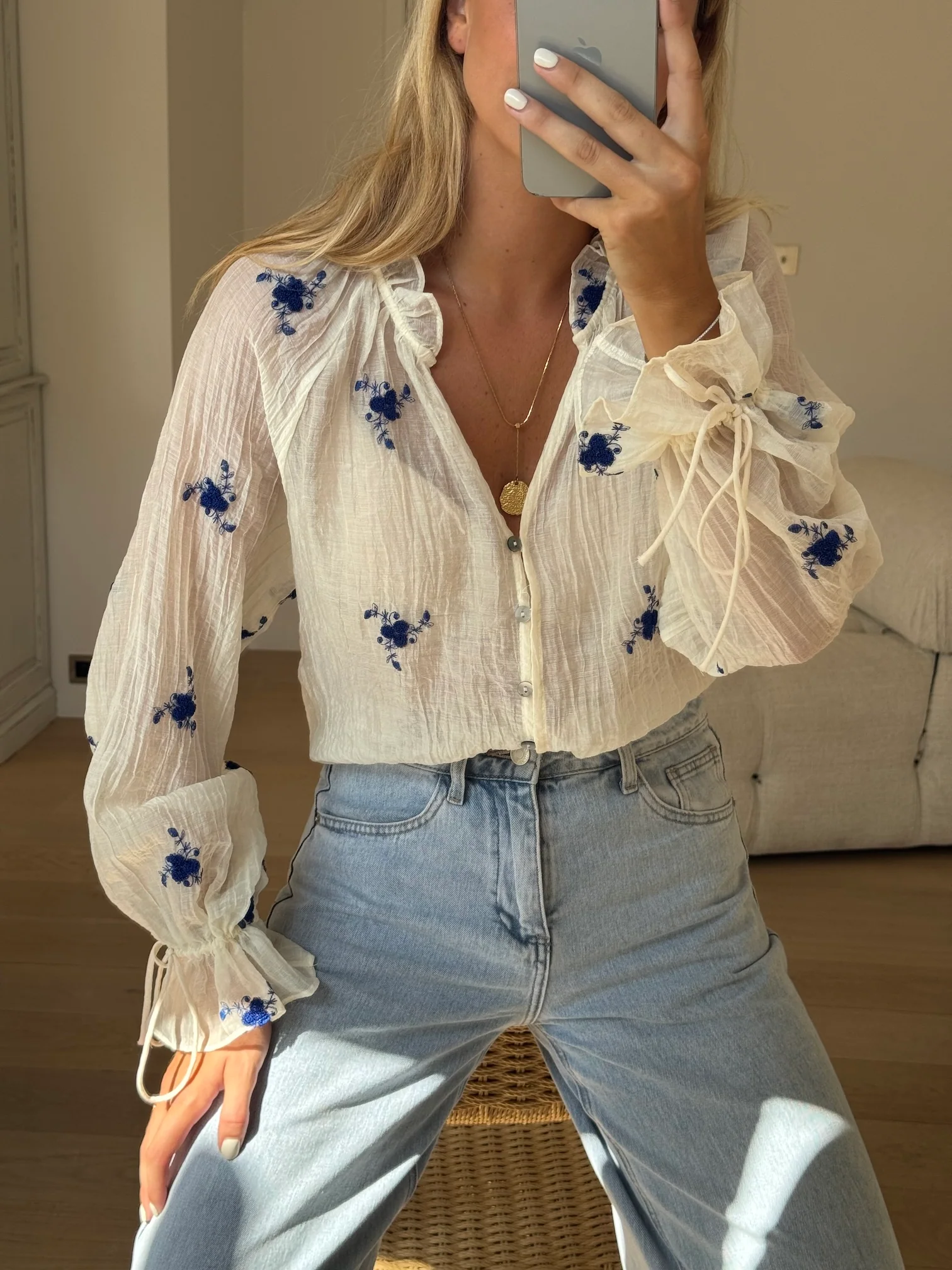 Ecru and Blue Floral Gabrielle Blouse - Image 8