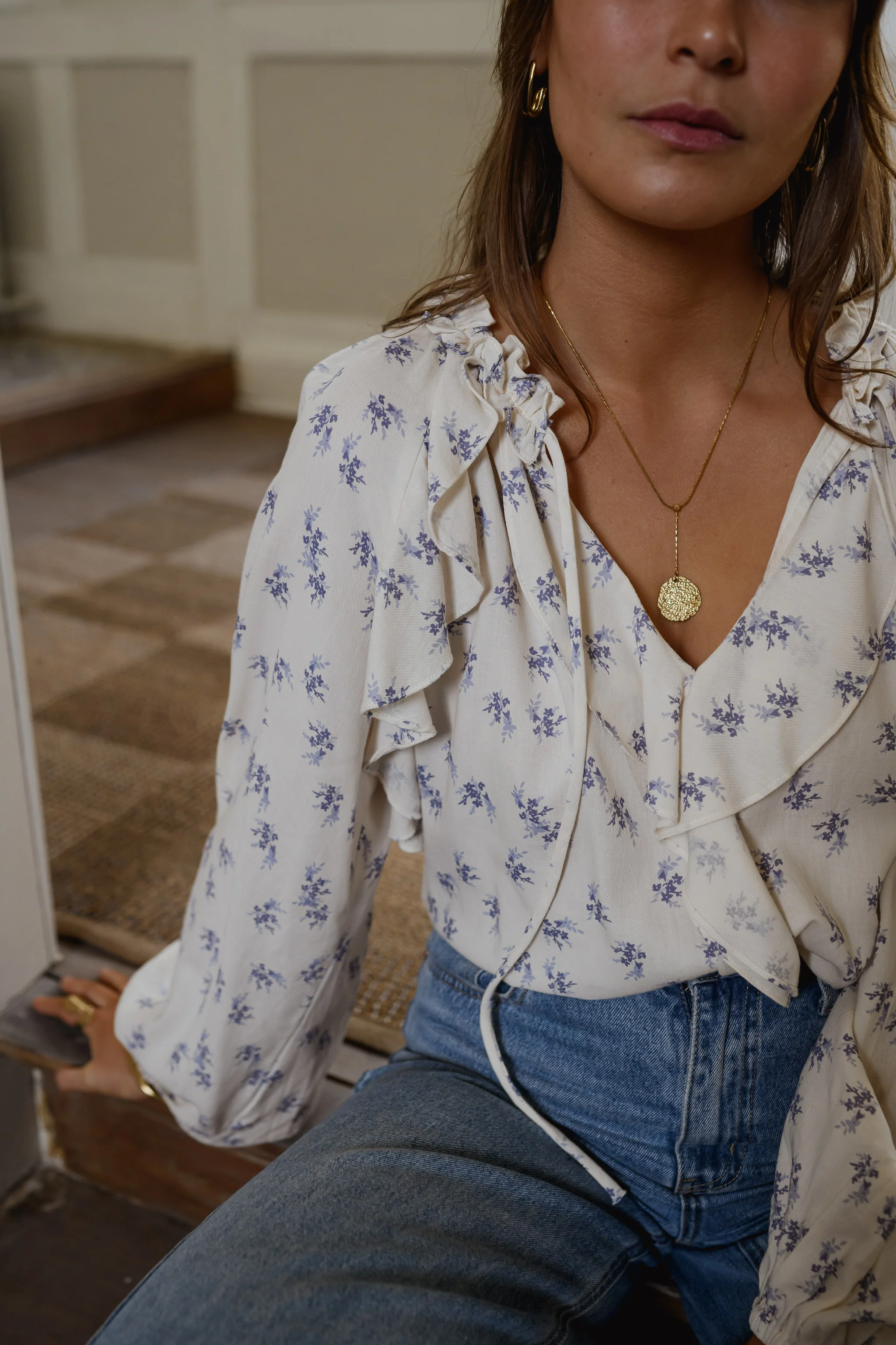 Ecru with Blue Floral Euredice Blouse - Image 10