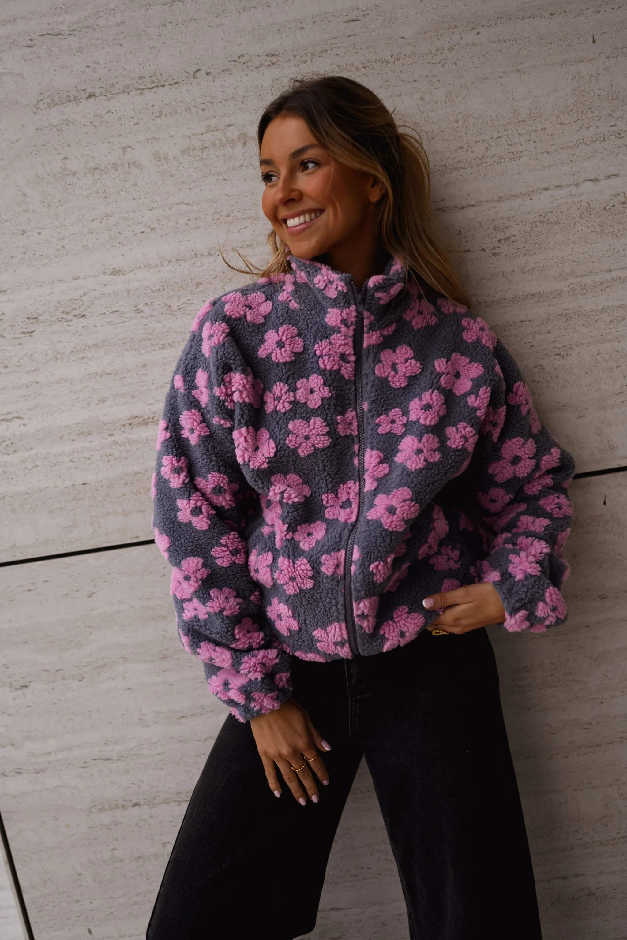 Grey with Pink Floral Tomas Fleece Jacket