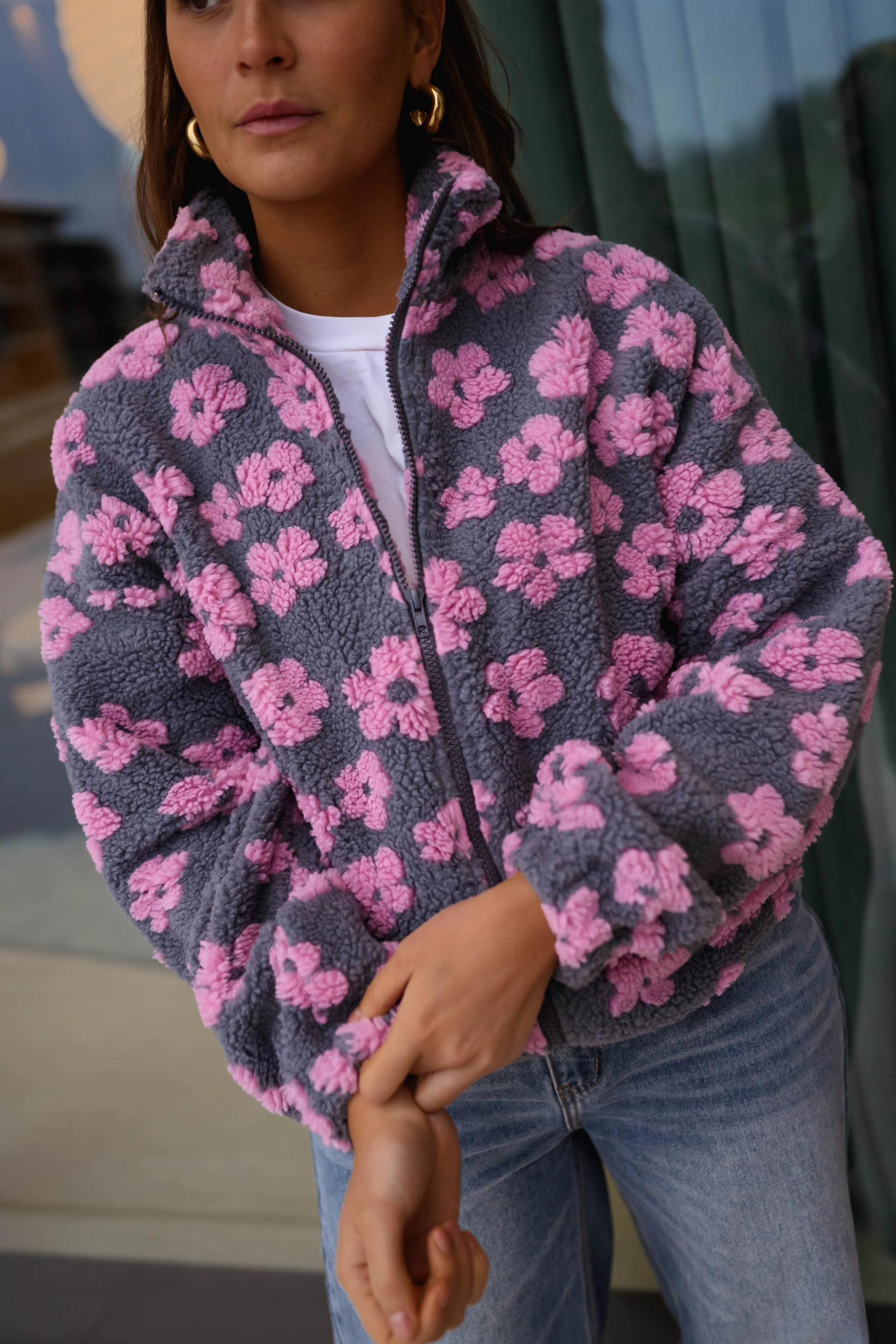 Grey with Pink Floral Tomas Fleece Jacket - Image 10