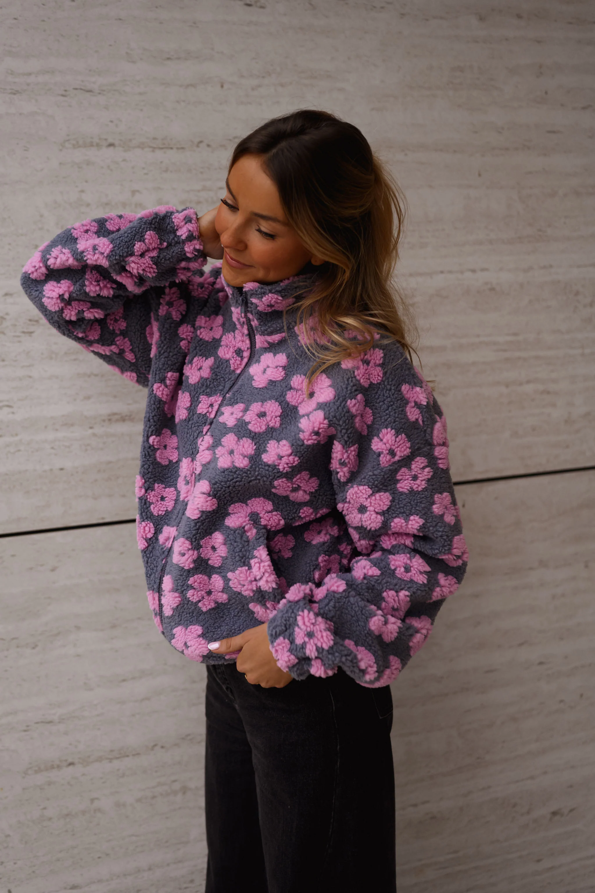 Grey with Pink Floral Tomas Fleece Jacket - Image 3