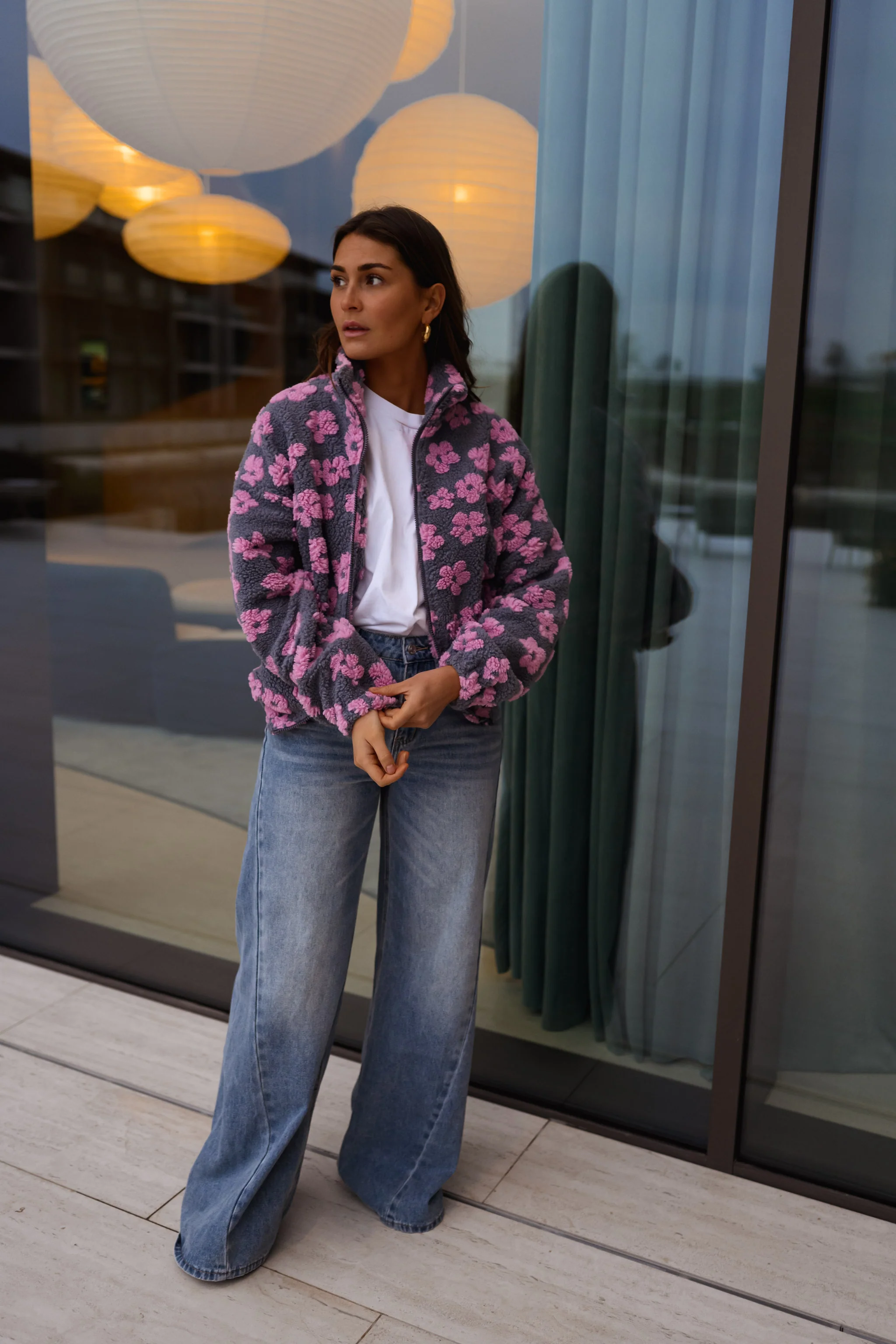 Grey with Pink Floral Tomas Fleece Jacket - Image 4