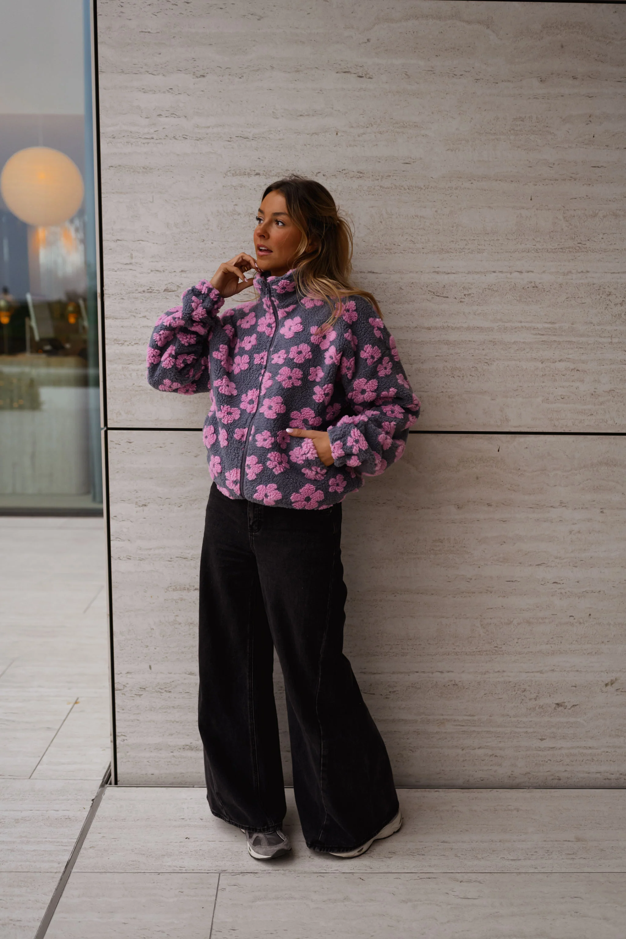 Grey with Pink Floral Tomas Fleece Jacket - Image 5