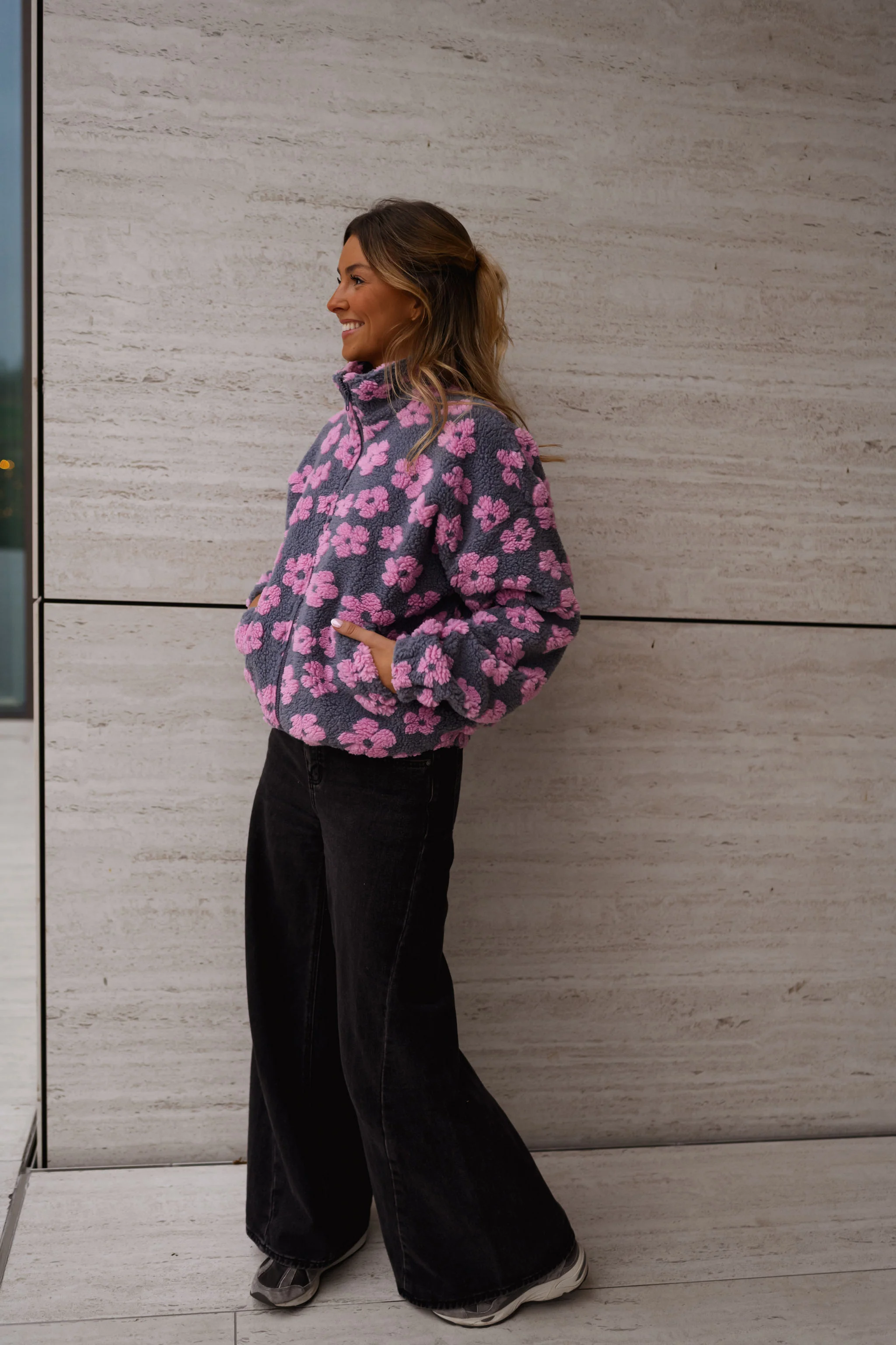 Grey with Pink Floral Tomas Fleece Jacket - Image 6