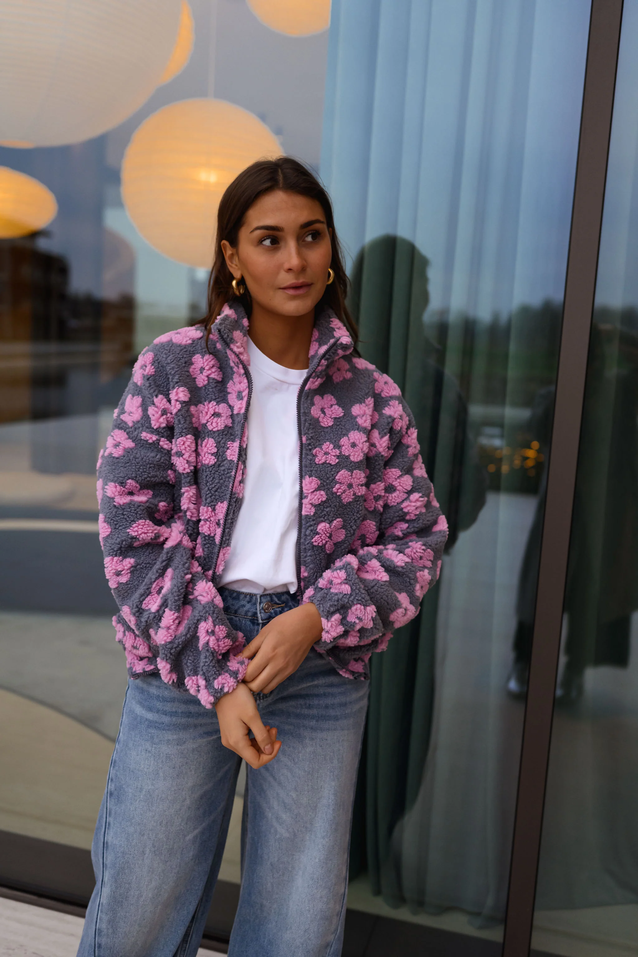 Grey with Pink Floral Tomas Fleece Jacket - Image 9